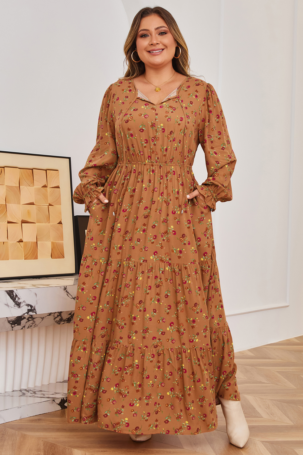 Plus Size Brown  Floral Split V Neck Ruffled Sleeve Tiered Maxi Dress