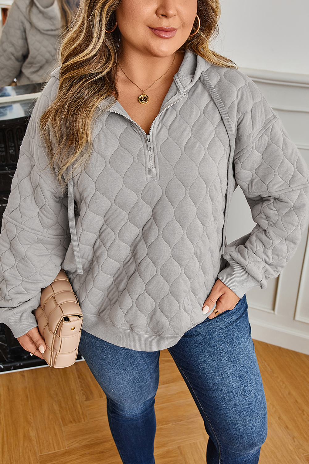 Plus Size Gray Quilted Quarter Zip  Hoodie