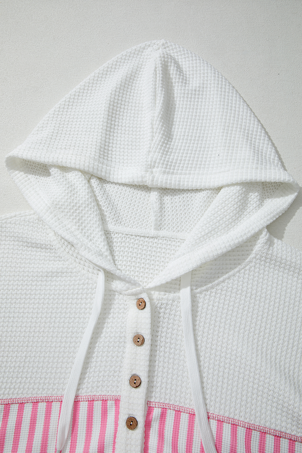 Plus Size Pink Stripe Leopard Patchwork Waffle Knit Buttoned  Hoodie