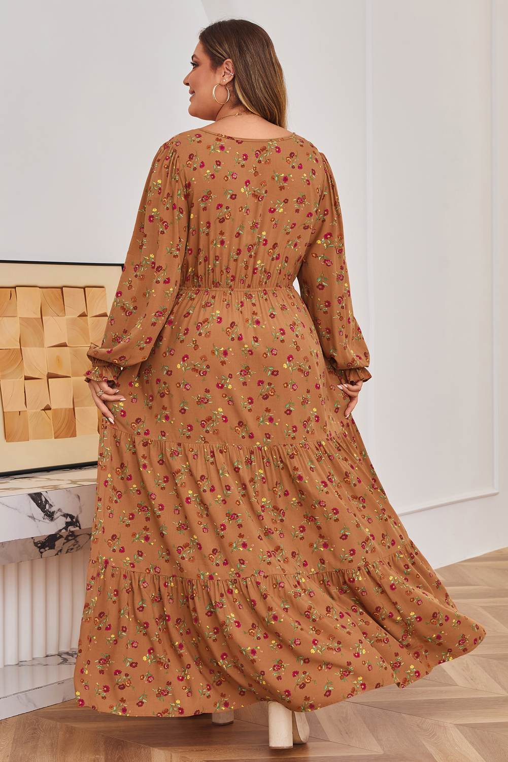 Plus Size Brown  Floral Split V Neck Ruffled Sleeve Tiered Maxi Dress