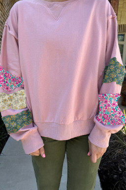 Plus Size Pink  Mix Floral Patched Sleeve Ribbed Trim Baggy Sweatshirt
