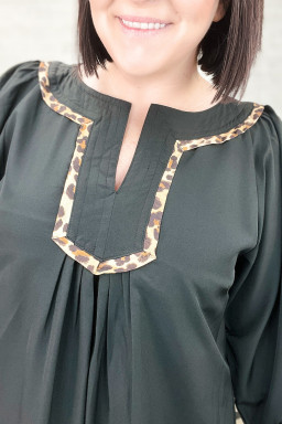 Plus Size Black  Notched Neck Leopard Trim Flounce Long Sleeve Shift Dress