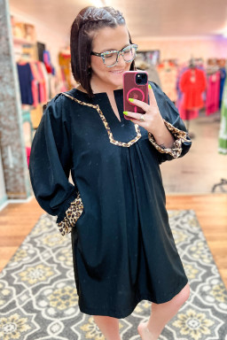 Plus Size Black  Notched Neck Leopard Trim Flounce Long Sleeve Shift Dress