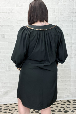 Plus Size Black  Notched Neck Leopard Trim Flounce Long Sleeve Shift Dress