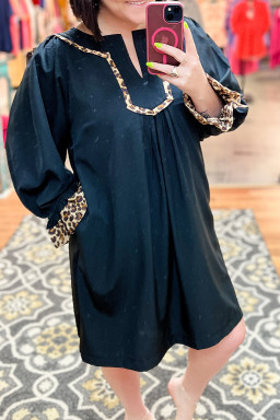 Plus Size Black  Notched Neck Leopard Trim Flounce Long Sleeve Shift Dress