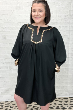 Plus Size Black  Notched Neck Leopard Trim Flounce Long Sleeve Shift Dress