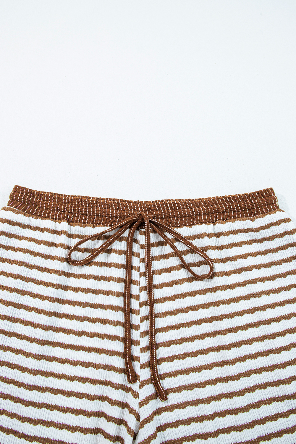 Plus Size Khaki Stripe  Collared V Neck Loose Pullover Drawstring Elastic Waist Wide Leg Pant Set