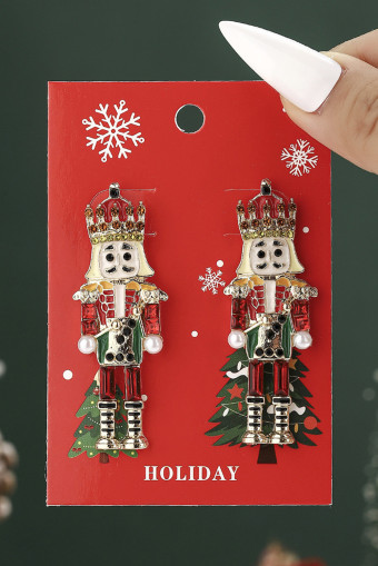 Fiery Red Christmas Nutcracker Doll Alloy Gem Holiday Earrings