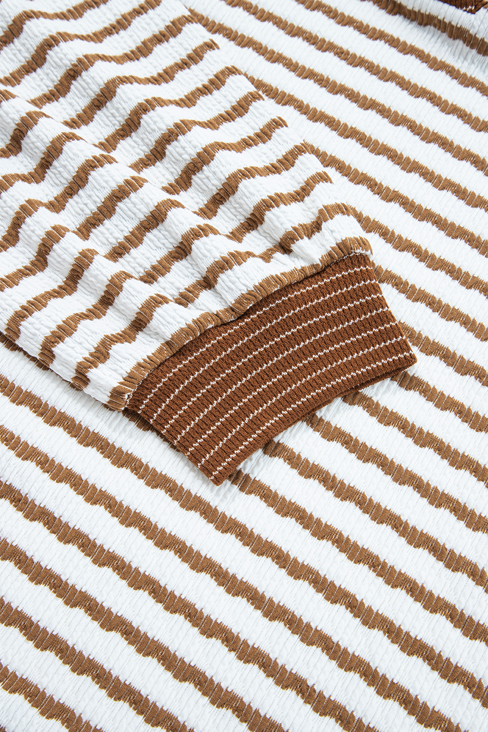 Plus Size Khaki Stripe  Collared V Neck Loose Pullover Drawstring Elastic Waist Wide Leg Pant Set