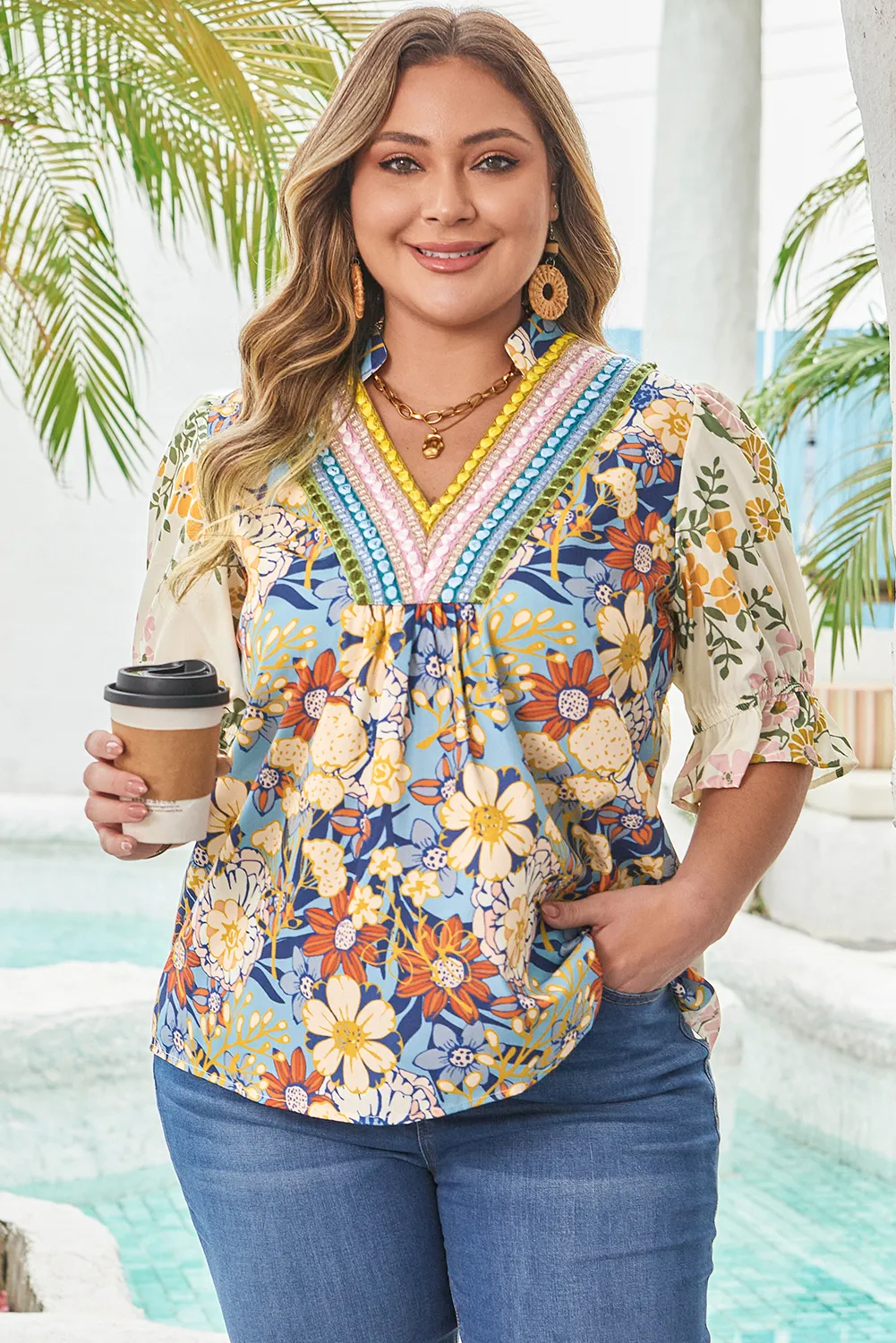Plus Size Multicolour Floral Print Woven V Neck Half Sleeve Blouse