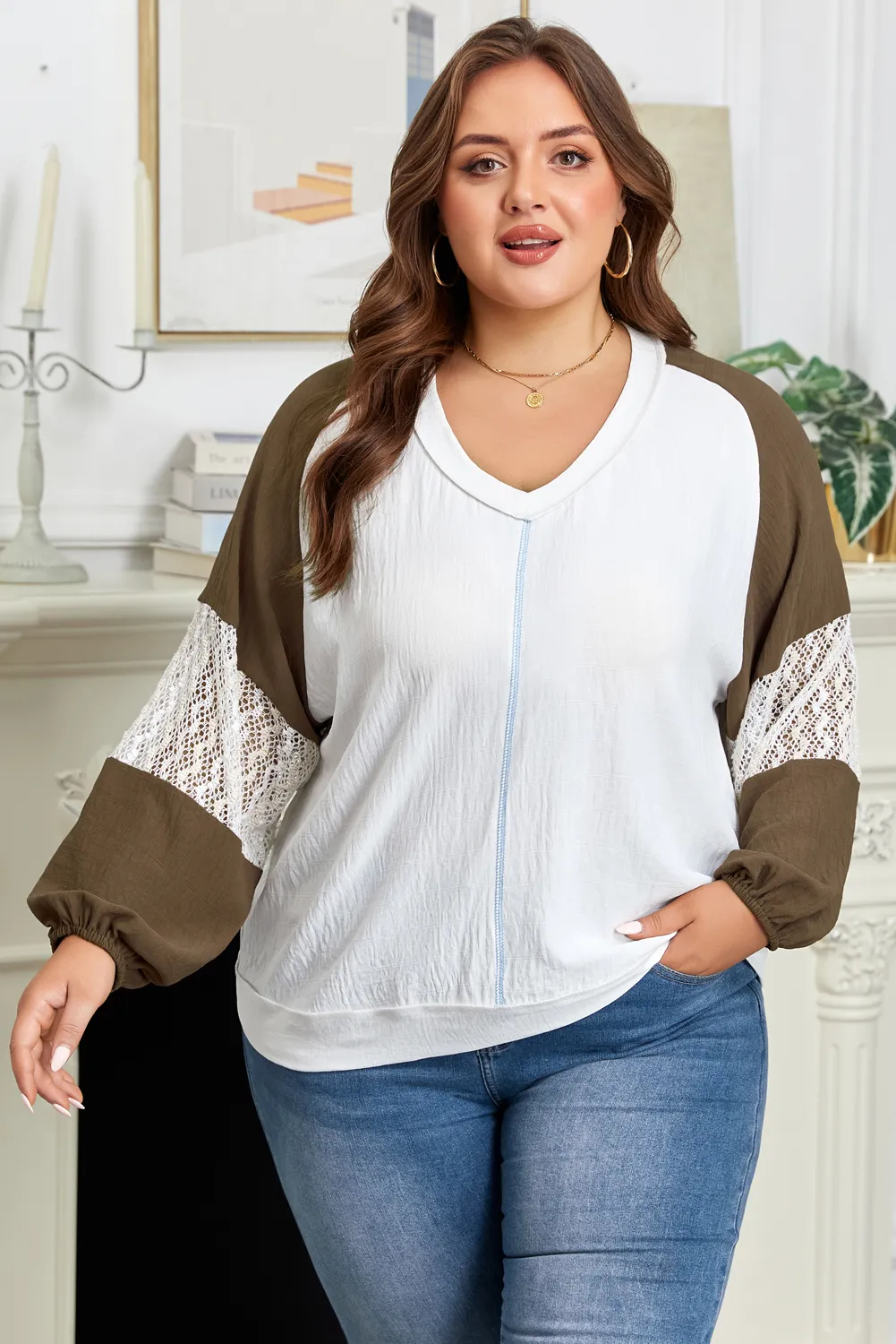 Plus Size Green Colorblock Lace Patchwork Balloon Sleeve V Neck Blouse