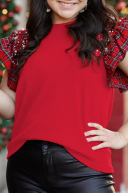 Plus Size Racing Red Plaid Pearl Ruffled Short Sleeve Knitted Christmas Holiday  T-shirt