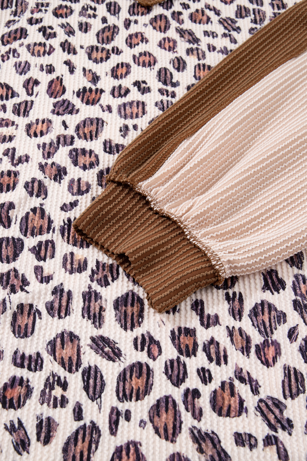 Plus Size Parchment Leopard Colorblock Patchwork Twist Ribbed  V Neck Baggy Pullover