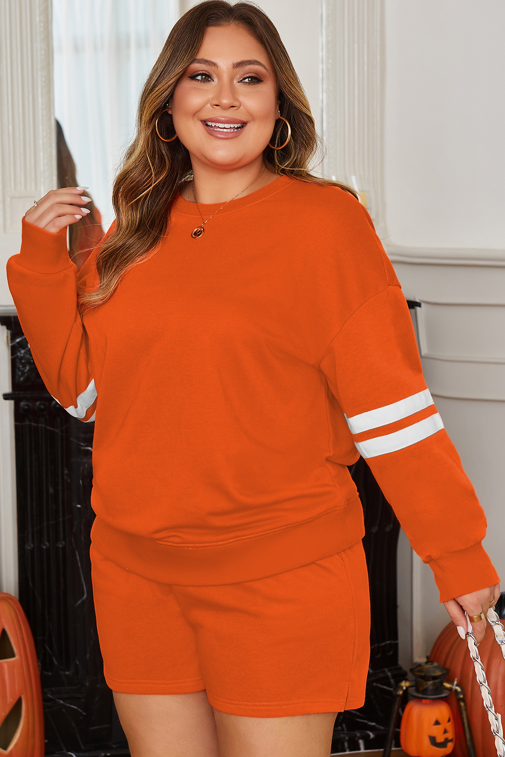 Plus Size Orange  Varsity Striped Drop Shoulder Pullover Drawstring Elastic Waistband Short Set