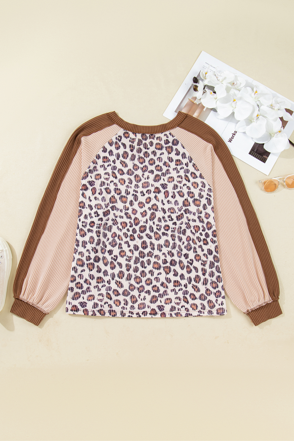 Plus Size Parchment Leopard Colorblock Patchwork Twist Ribbed  V Neck Baggy Pullover