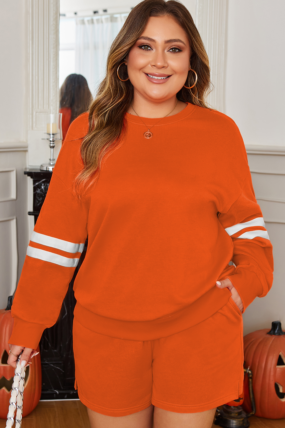 Plus Size Orange  Varsity Striped Drop Shoulder Pullover Drawstring Elastic Waistband Short Set