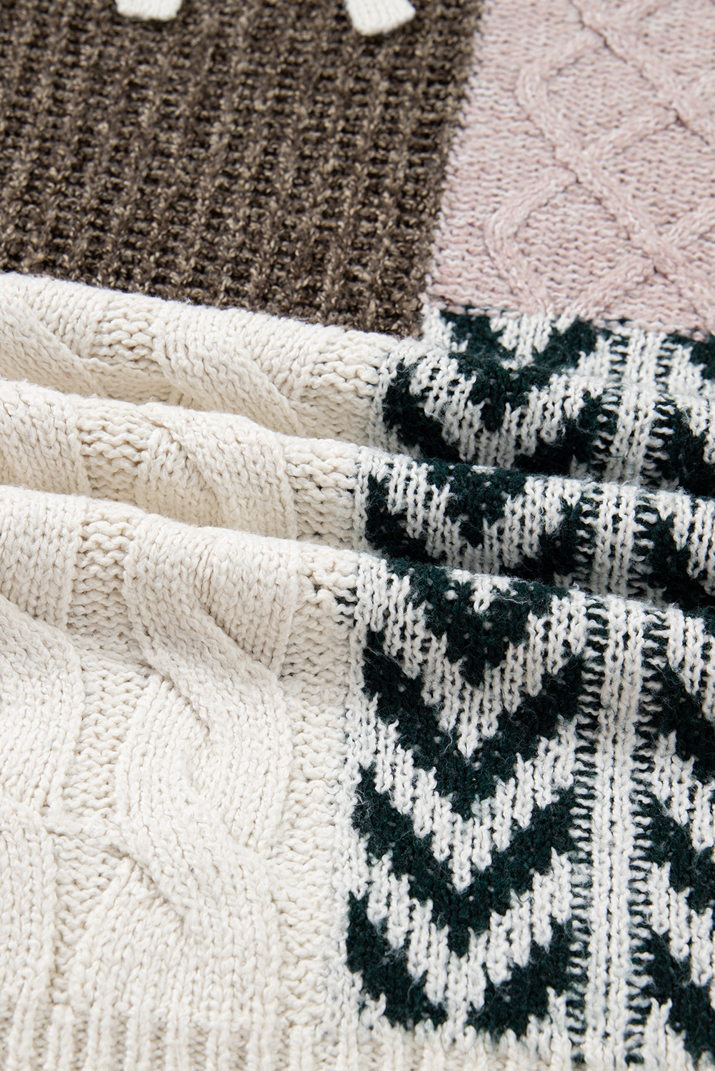 Plus Size Brown  Color Block Patchwork Knotted Back Loose Fit Sweater