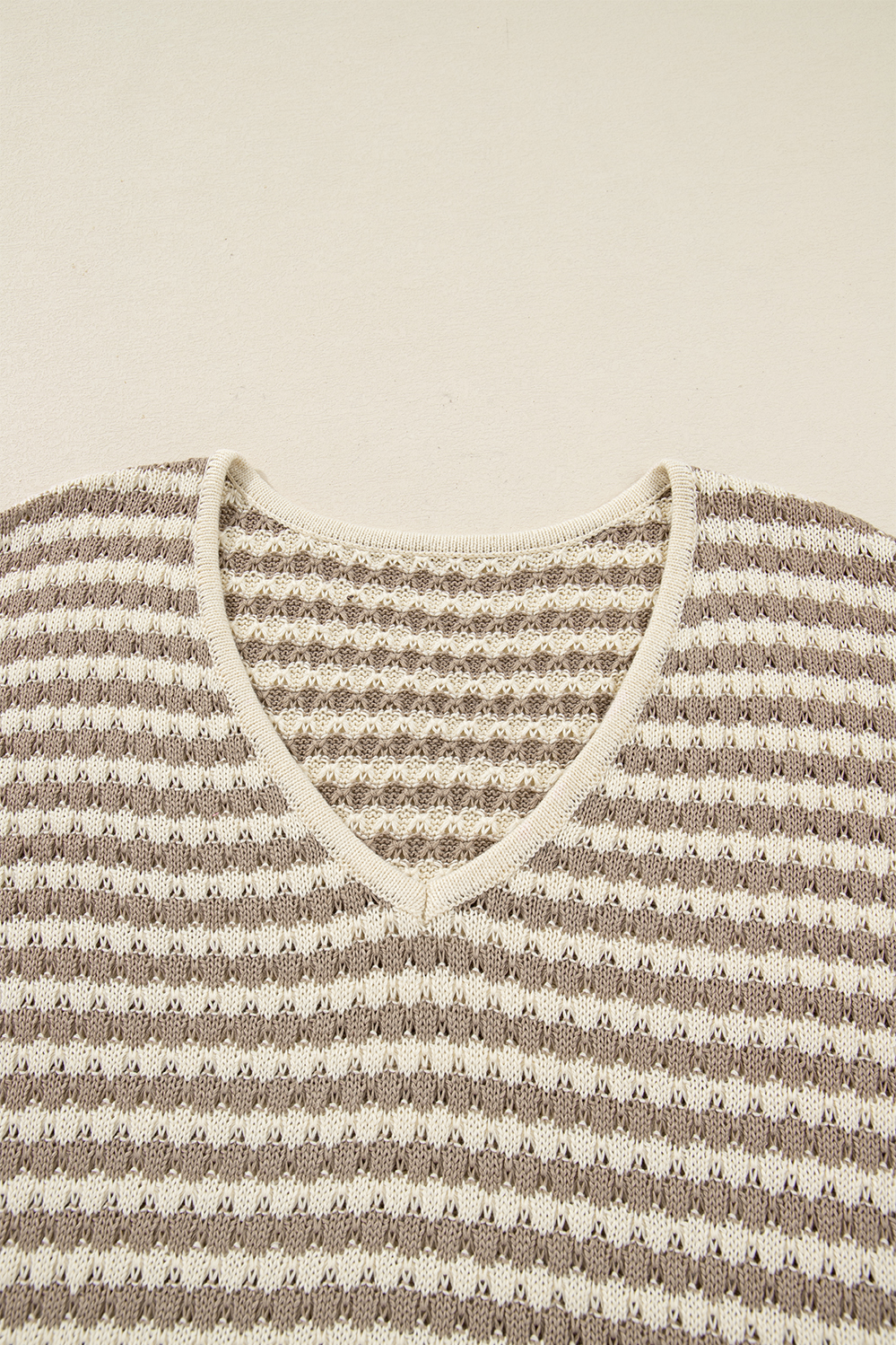 Plus Size Khaki Stripe  V Neck Drop Shoulder Sweater