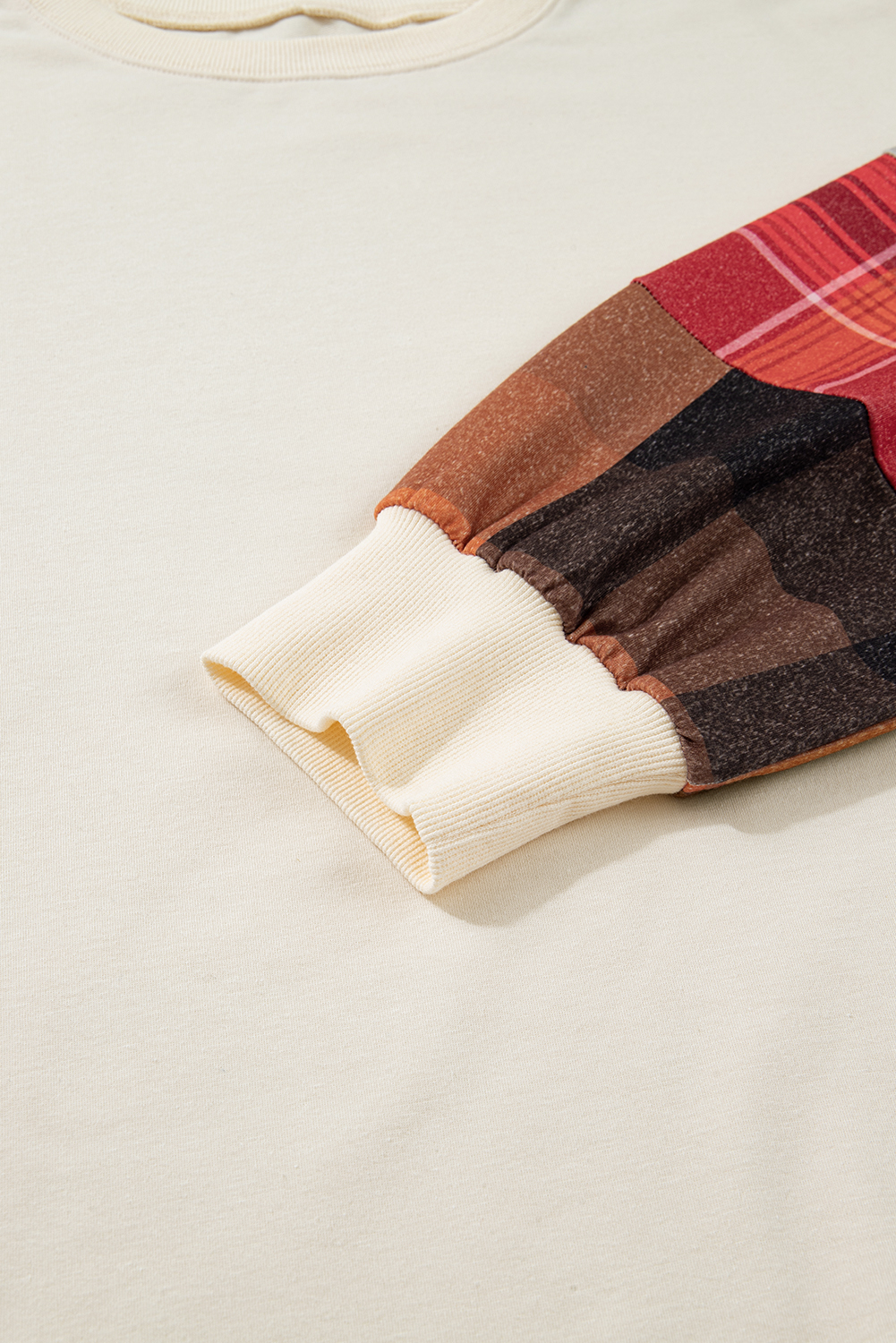 Plus Size Beige  Multicolor Plaid Patchwork Sleeve Pullover Top