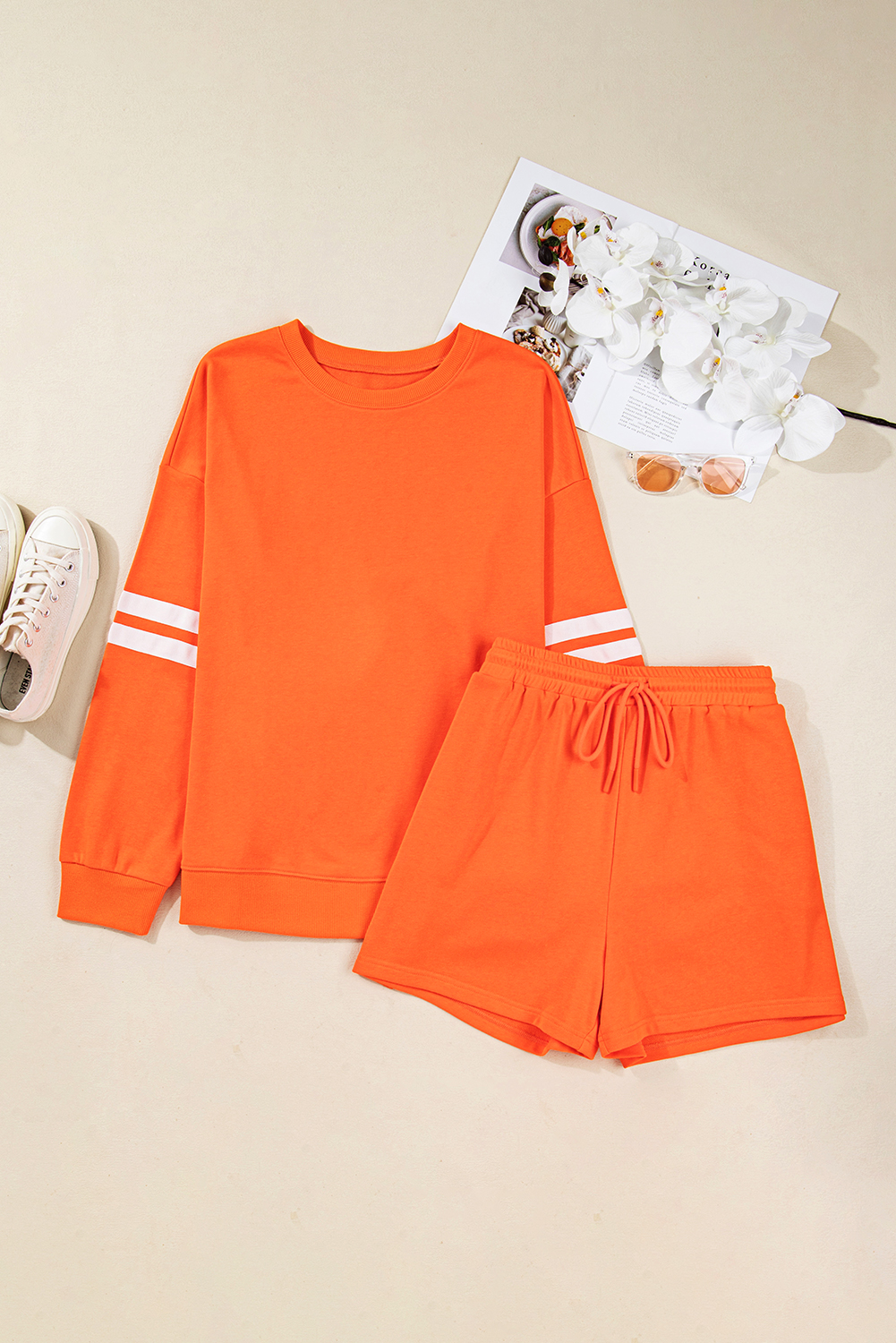 Plus Size Orange  Varsity Striped Drop Shoulder Pullover Drawstring Elastic Waistband Short Set