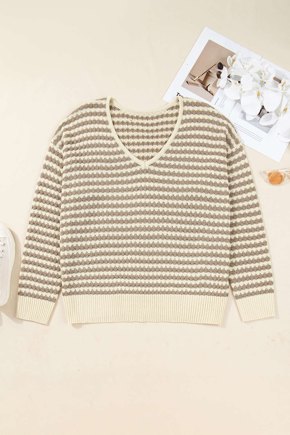 Plus Size Khaki Stripe  V Neck Drop Shoulder Sweater