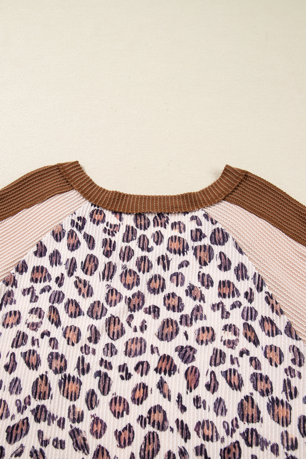 Plus Size Parchment Leopard Colorblock Patchwork Twist Ribbed  V Neck Baggy Pullover