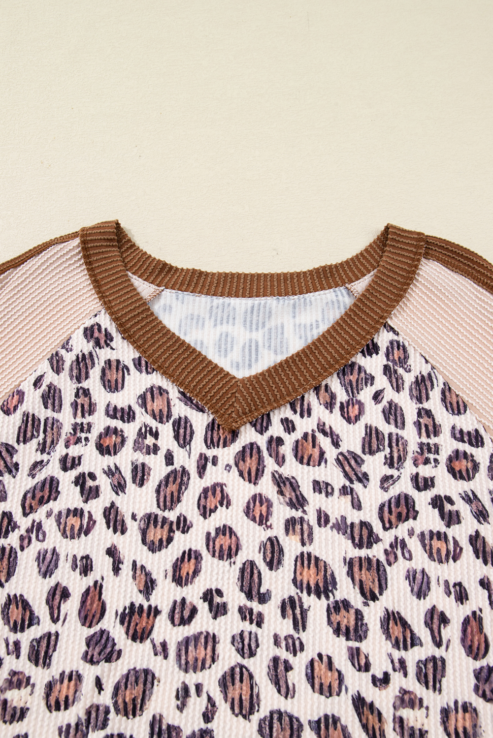 Plus Size Parchment Leopard Colorblock Patchwork Twist Ribbed  V Neck Baggy Pullover