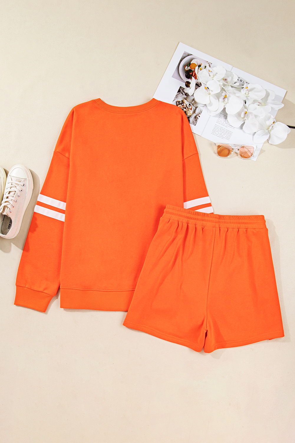 Plus Size Orange  Varsity Striped Drop Shoulder Pullover Drawstring Elastic Waistband Short Set