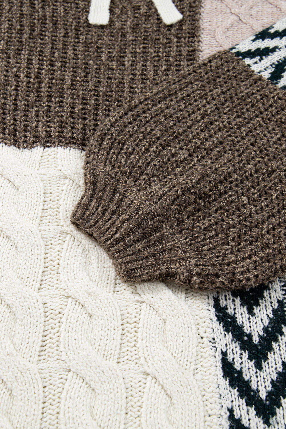 Plus Size Brown  Color Block Patchwork Knotted Back Loose Fit Sweater