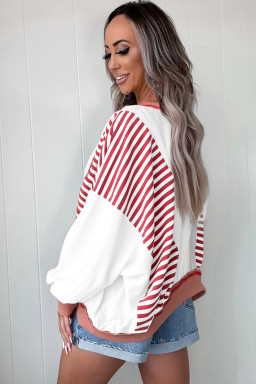 Plus Size Red Stripe Color Block Patchwork Seam Detail  Sweatshirt