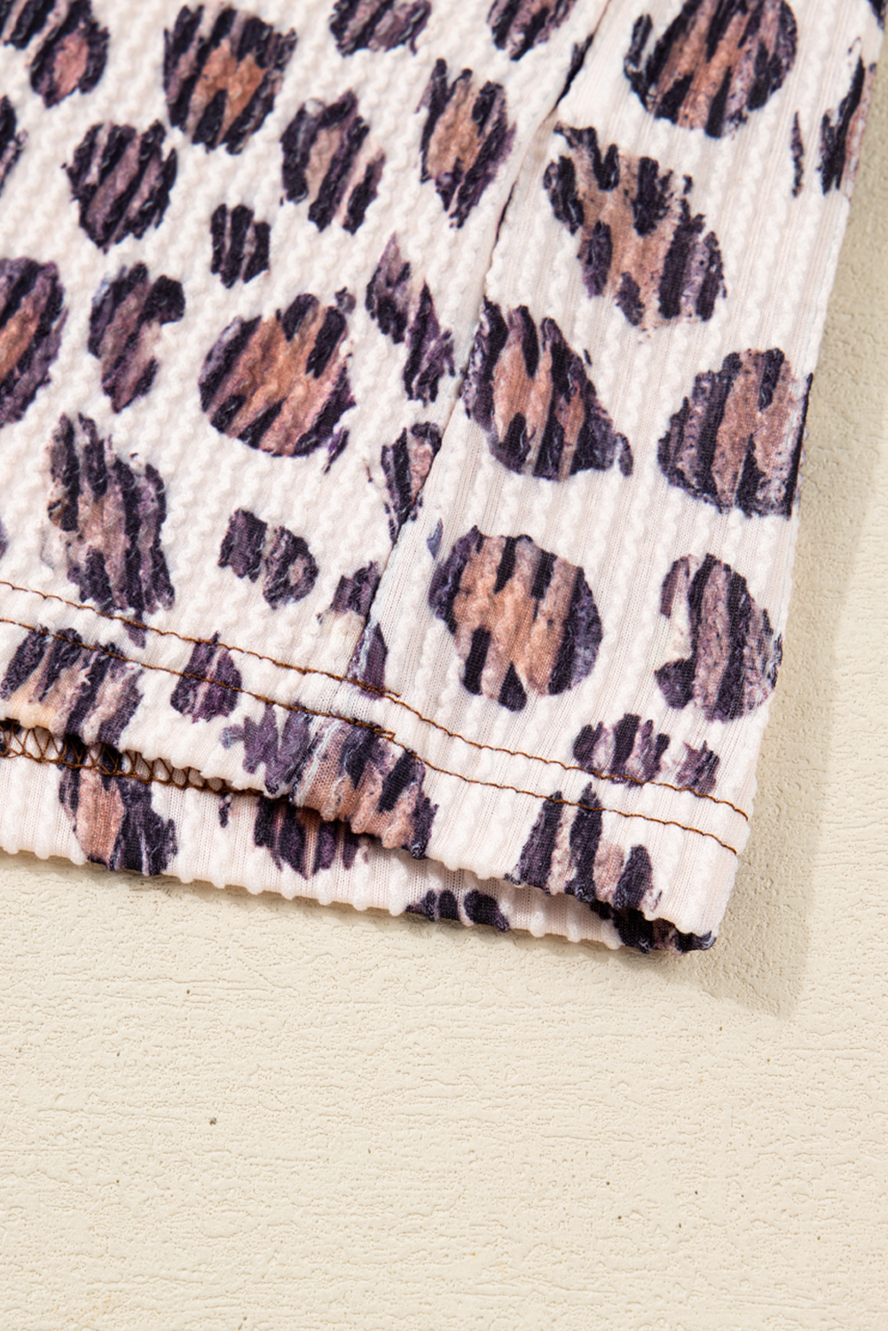 Plus Size Parchment Leopard Colorblock Patchwork Twist Ribbed  V Neck Baggy Pullover