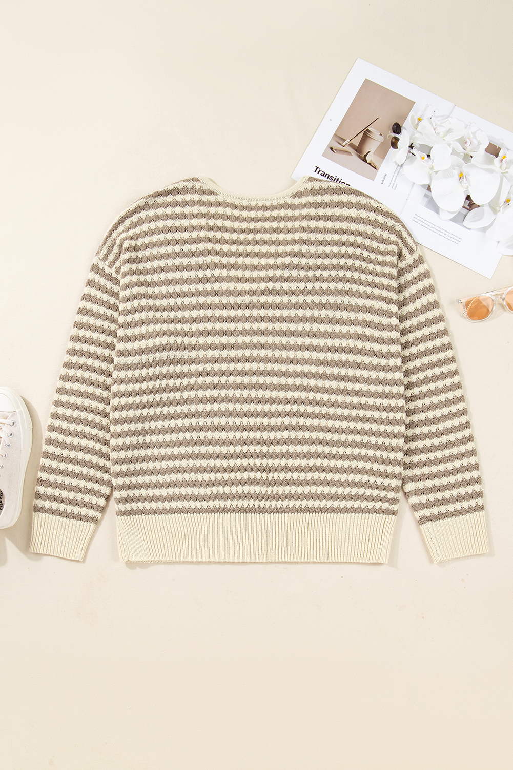 Plus Size Khaki Stripe  V Neck Drop Shoulder Sweater