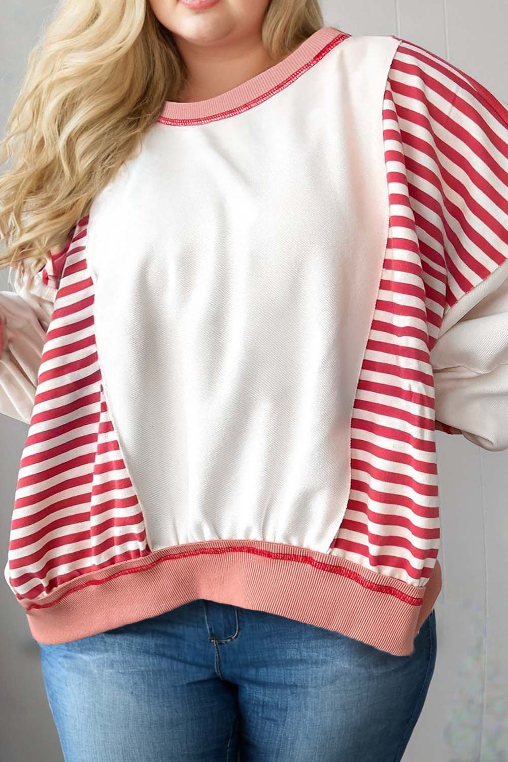 Plus Size Red Stripe Color Block Patchwork Seam Detail  Sweatshirt
