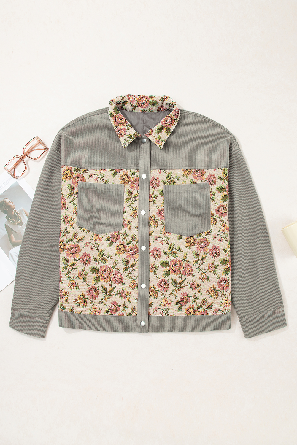 Medium Grey Corduroy Floral Patchwork Vintage Jacket
