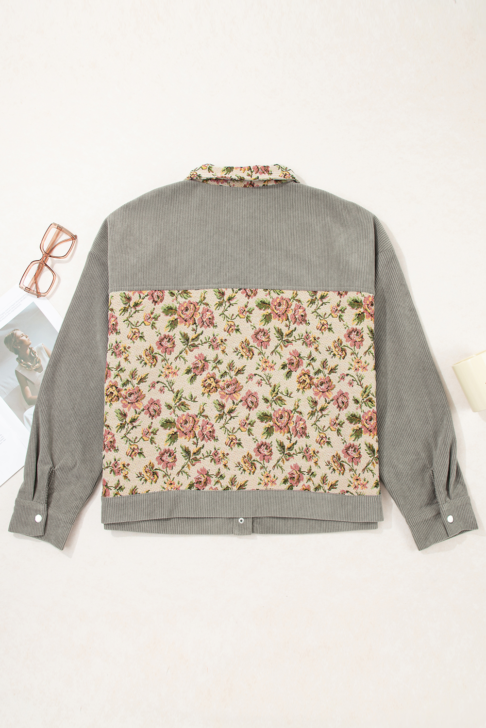 Medium Grey Corduroy Floral Patchwork Vintage Jacket