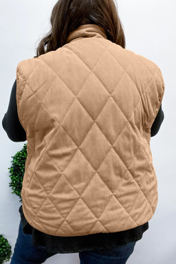 Plus Size Camel  Quilted Cord Snap Button Vest Jacket