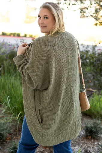 Plus Size Seagrass Waffle Knit Drop Shoulder Open Front Pocketed Cardigan