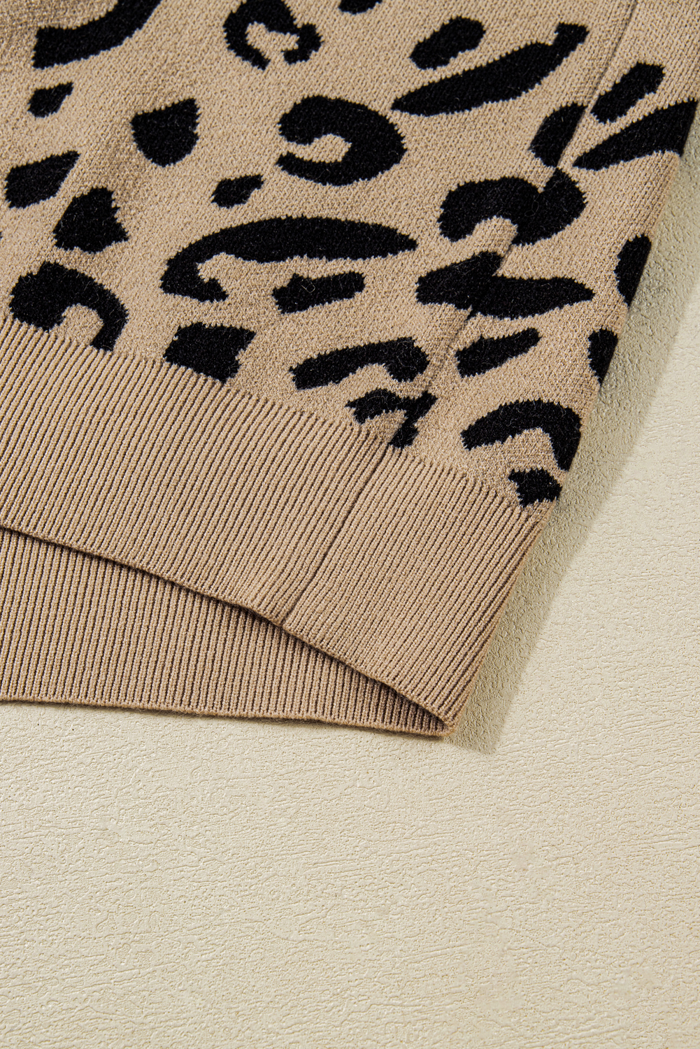 Plus Size Brown Leopard Knitted Lacy Trim Cuffed  Sweater