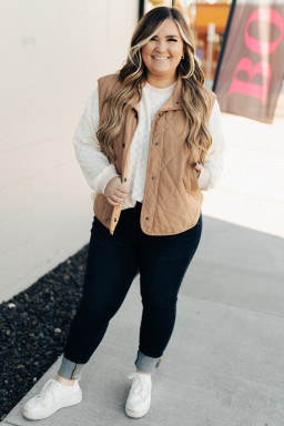 Plus Size Camel  Quilted Cord Snap Button Vest Jacket