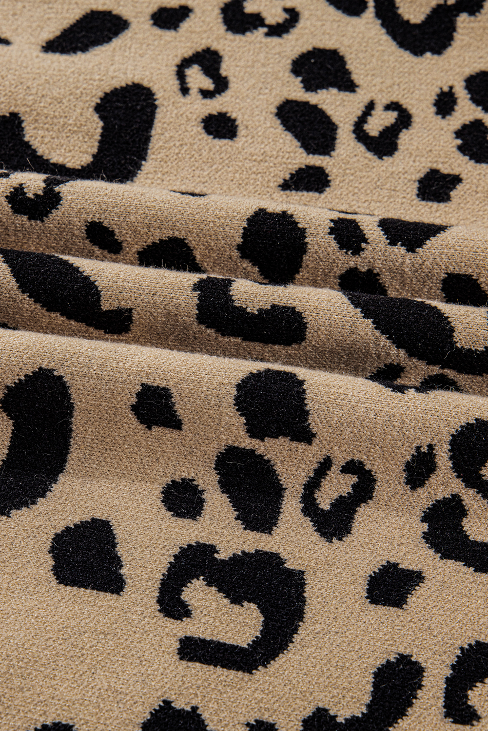 Plus Size Brown Leopard Knitted Lacy Trim Cuffed  Sweater