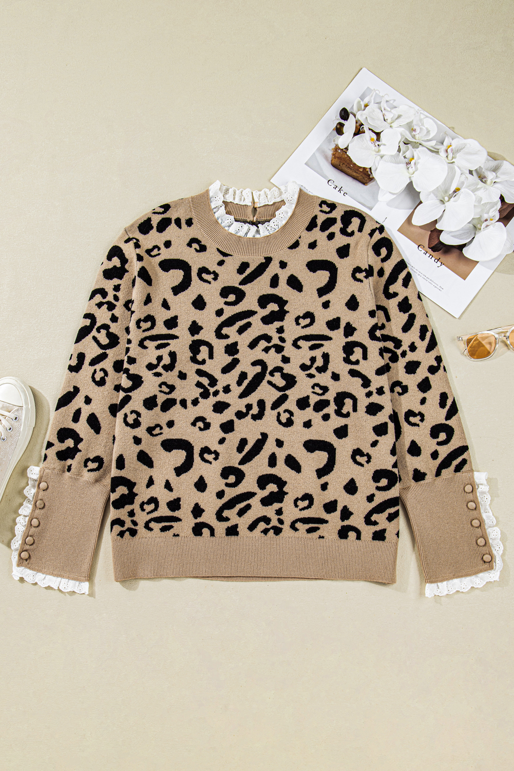 Plus Size Brown Leopard Knitted Lacy Trim Cuffed  Sweater