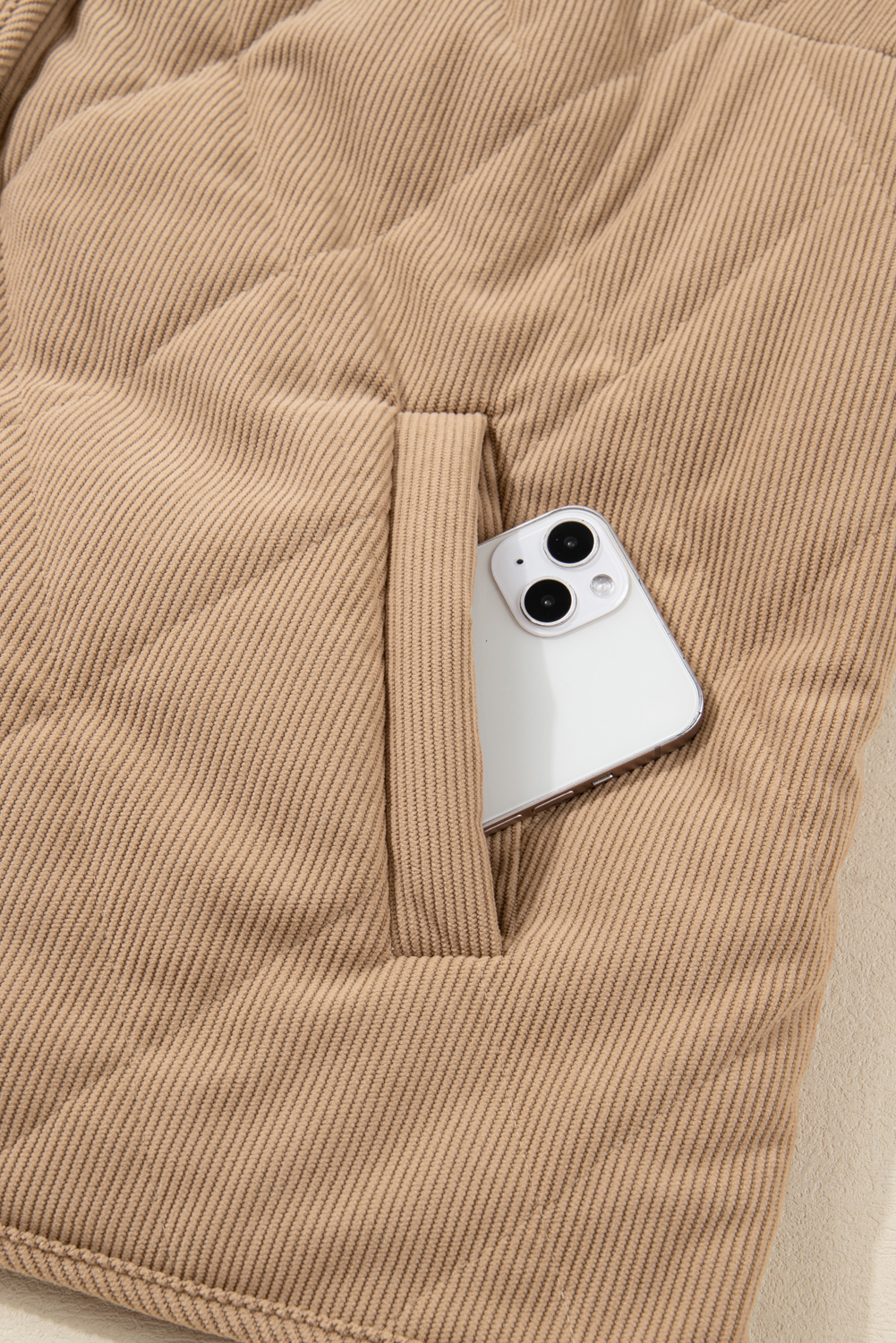 Plus Size Camel  Quilted Cord Snap Button Vest Jacket