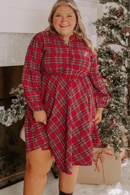 Plus Size Red  Plaid Half Button Long Sleeve Holiday Dress