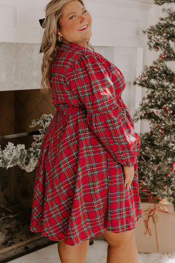 Plus Size Red  Plaid Half Button Long Sleeve Holiday Dress
