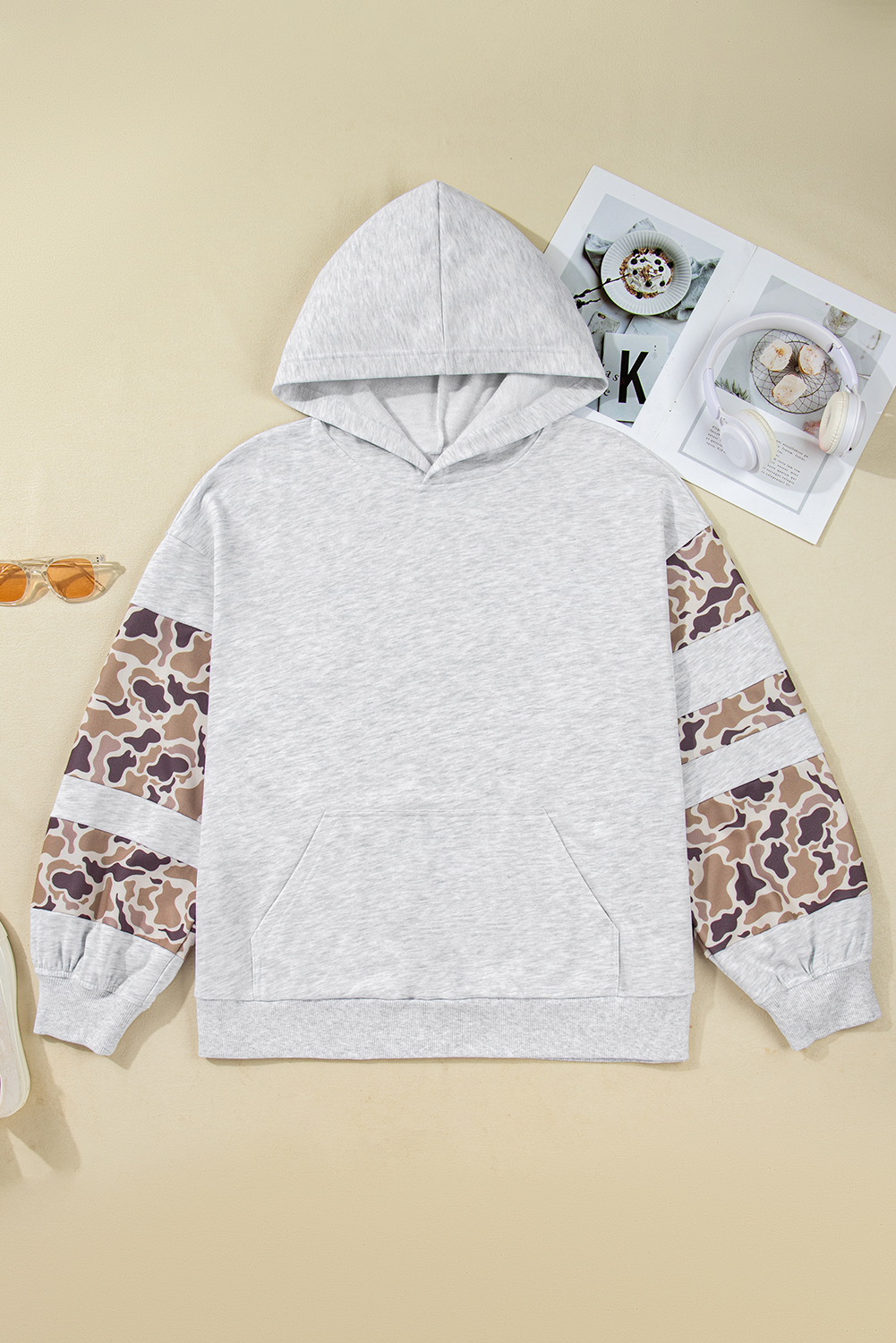 Plus Size Light Grey Camouflage Patchwork Asymmetric Sleeve  Hoodie