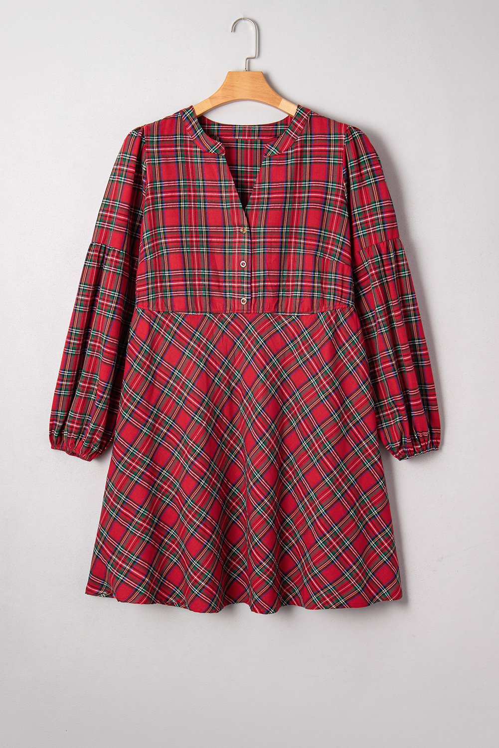 Plus Size Red  Plaid Half Button Long Sleeve Holiday Dress