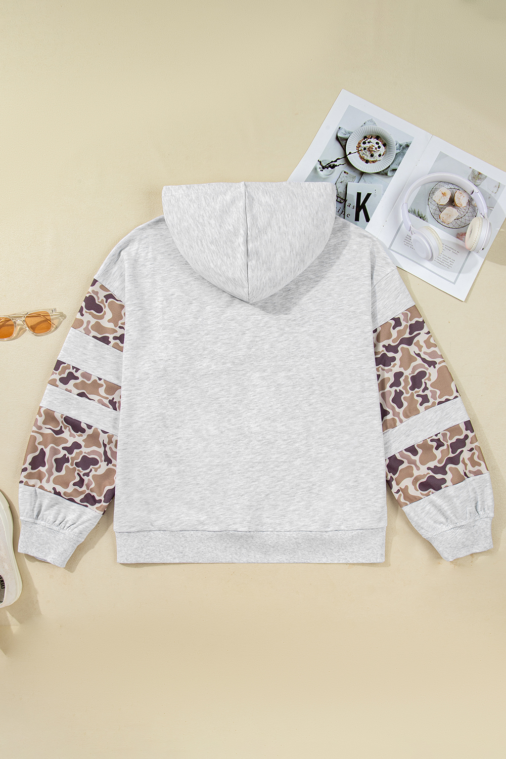 Plus Size Light Grey Camouflage Patchwork Asymmetric Sleeve  Hoodie