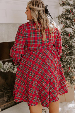 Plus Size Red  Plaid Half Button Long Sleeve Holiday Dress