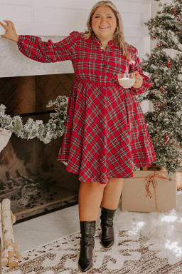 Plus Size Red  Plaid Half Button Long Sleeve Holiday Dress