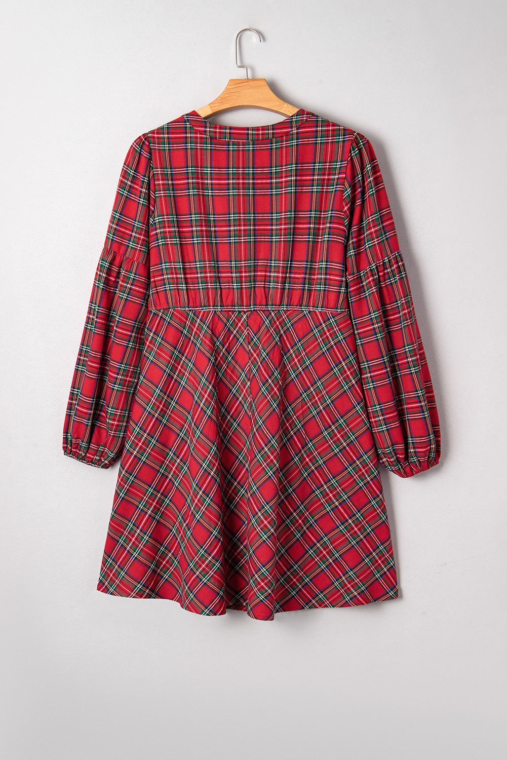 Plus Size Red  Plaid Half Button Long Sleeve Holiday Dress